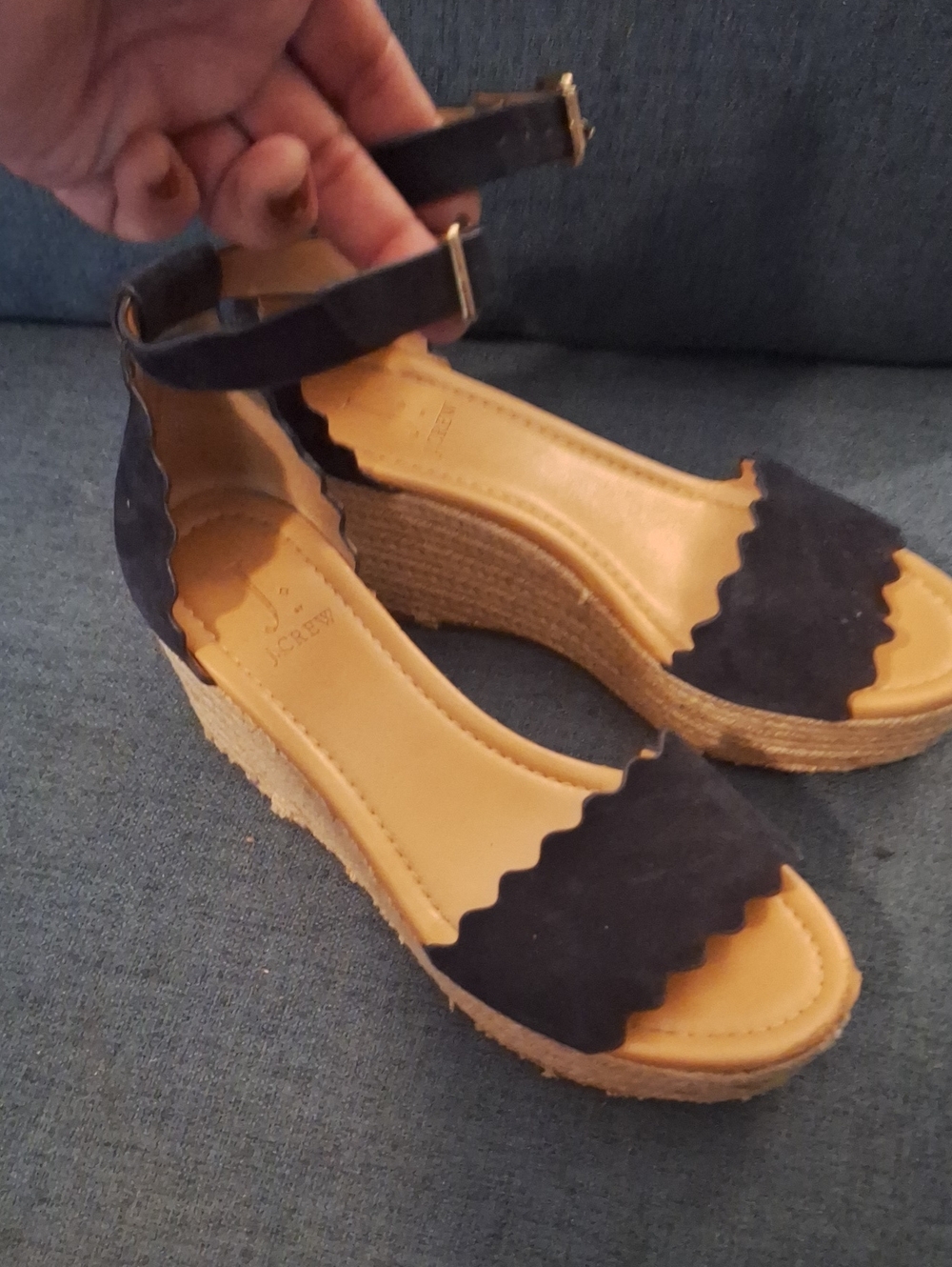 J. Crew Black Scalloped Espadrille Wedge Sandals with Ankle Strap